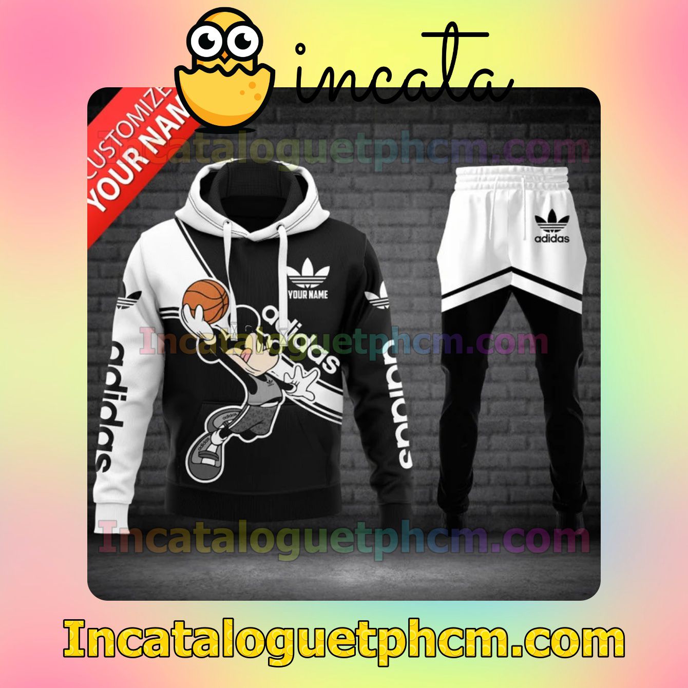 The cheapest Personalized Adidas Mickey Mouse With Ball Black And White Zipper Hooded Sweatshirt And Pants