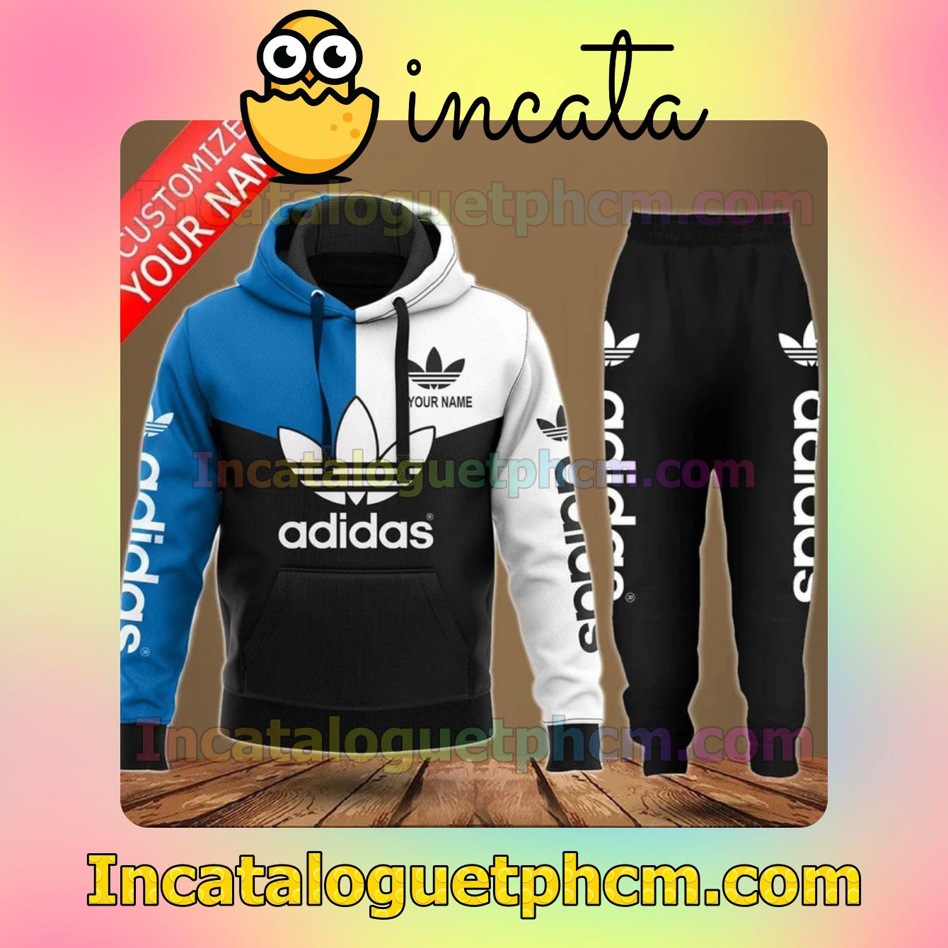 Real Personalized Adidas Mix Color Blue White And Black Zipper Hooded Sweatshirt And Pants