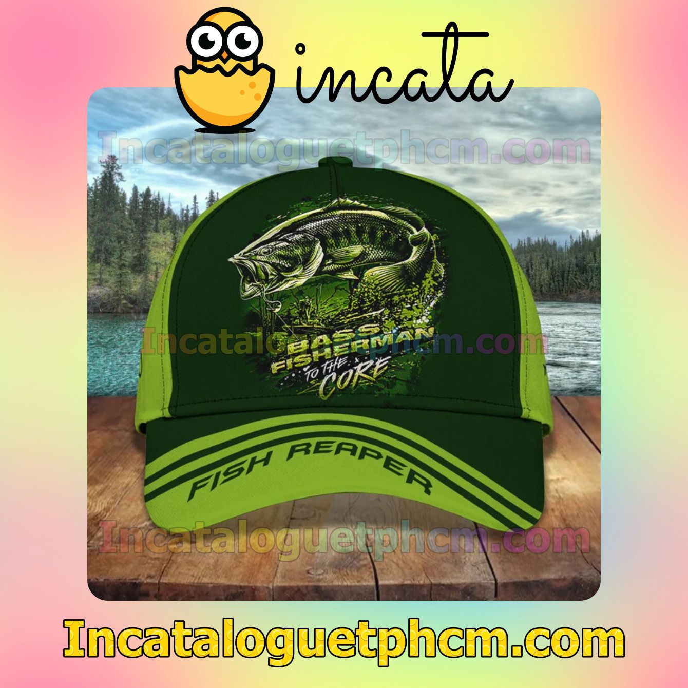 Top Personalized Bass Fisherman To The Core Fish Reaper Green Classic Hat Caps Gift For Men