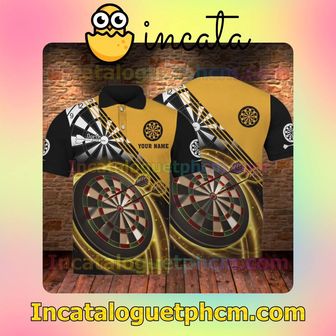 Personalized Darts Game Black Yellow Light Polo Gift For Men Dad