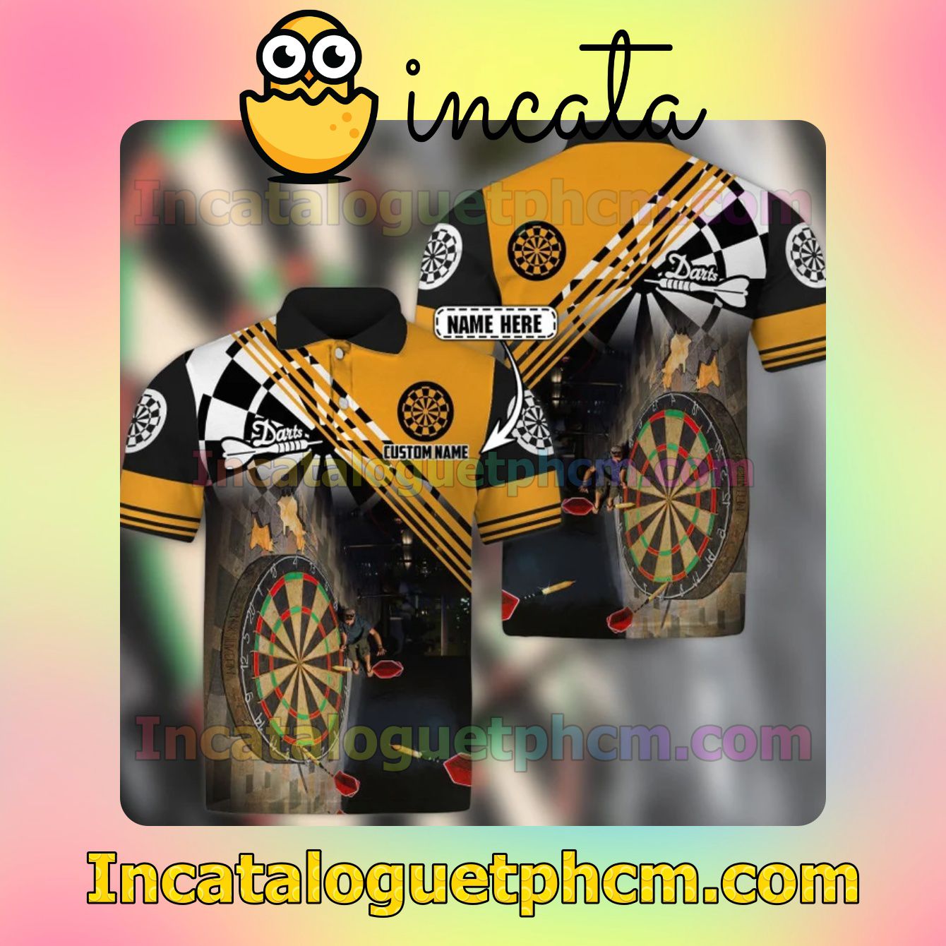 Personalized Darts Game Black Yellow Polo Gift For Men Dad