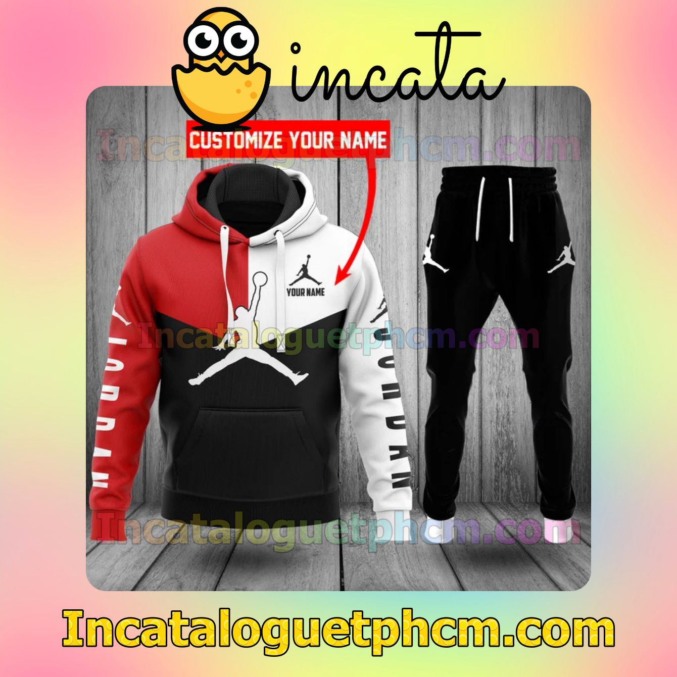 Adult Personalized Jordan Mix Color Red White And Black Zipper Hooded Sweatshirt And Pants
