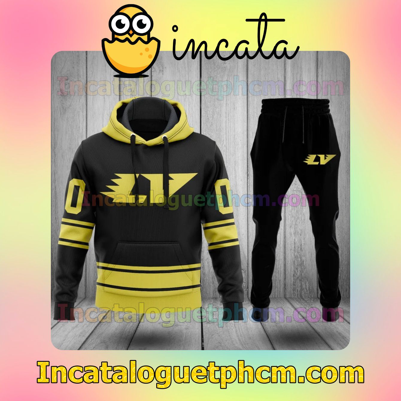 3D Personalized Louis Vuitton Lv Logo Black And Yellow Zipper Hooded Sweatshirt And Pants