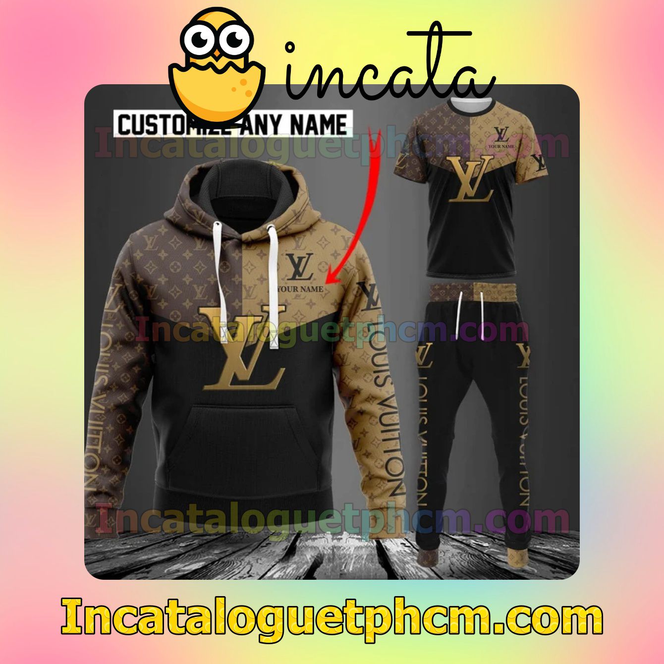 Order Personalized Louis Vuitton Mix Color Light Dark Brown Monogram And Black Zipper Hooded Sweatshirt And Pants