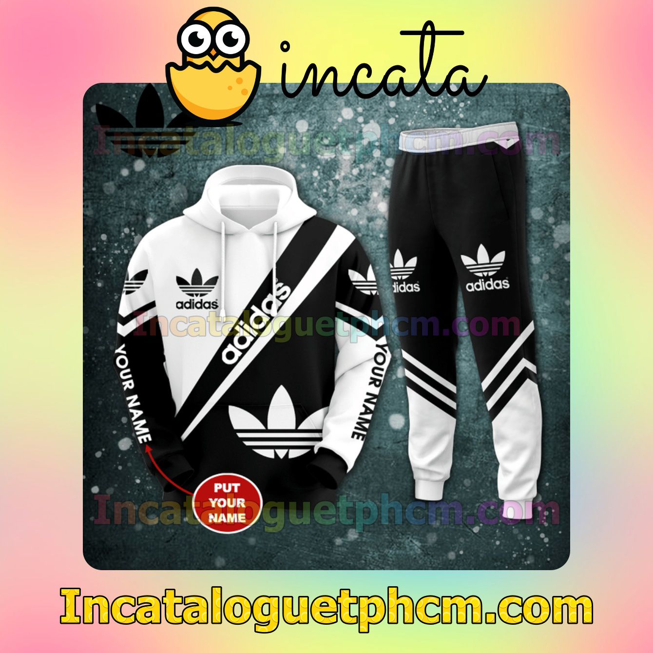  Personalized Name Adidas Black And White Zipper Hooded Sweatshirt And Pants