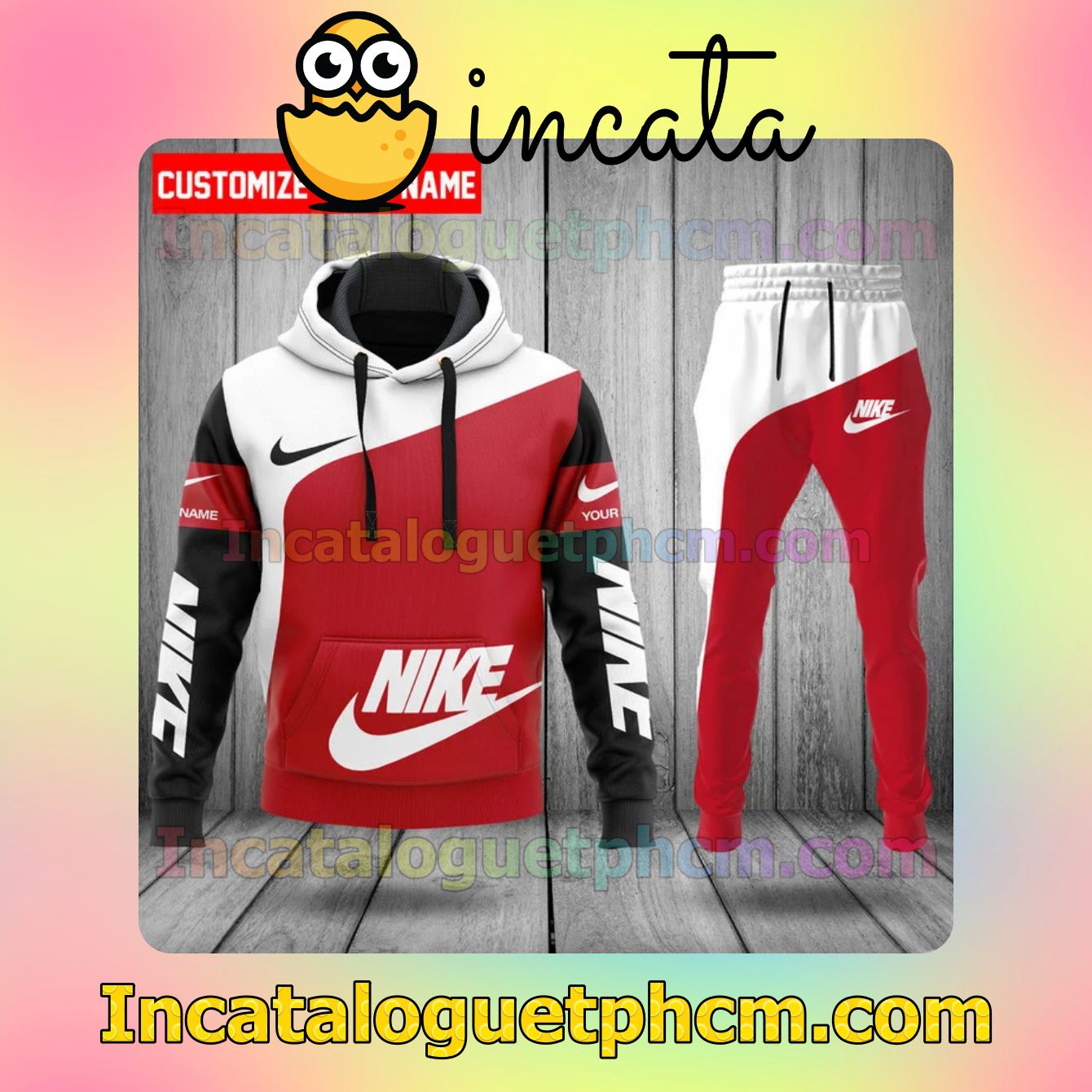 Unisex Personalized Nike Logo Red White And Black Zipper Hooded Sweatshirt And Pants