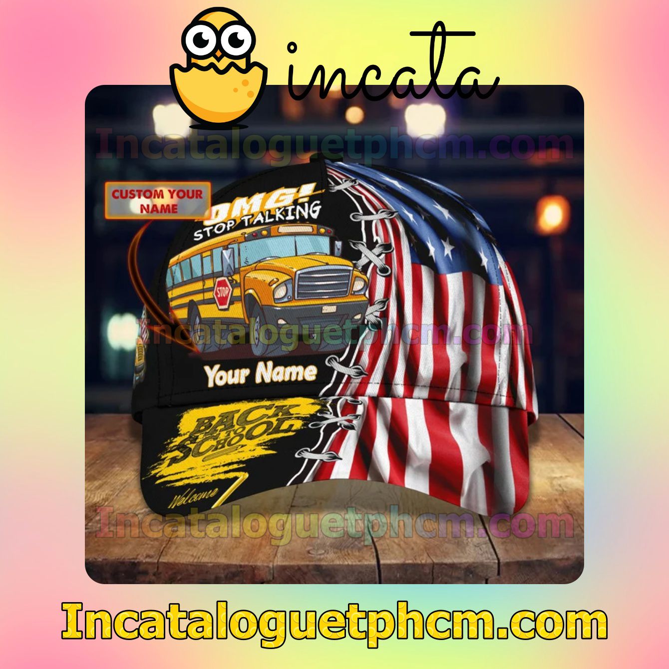 Personalized School Bus Back To School Welcome American Flag Classic Hat Caps Gift For Men