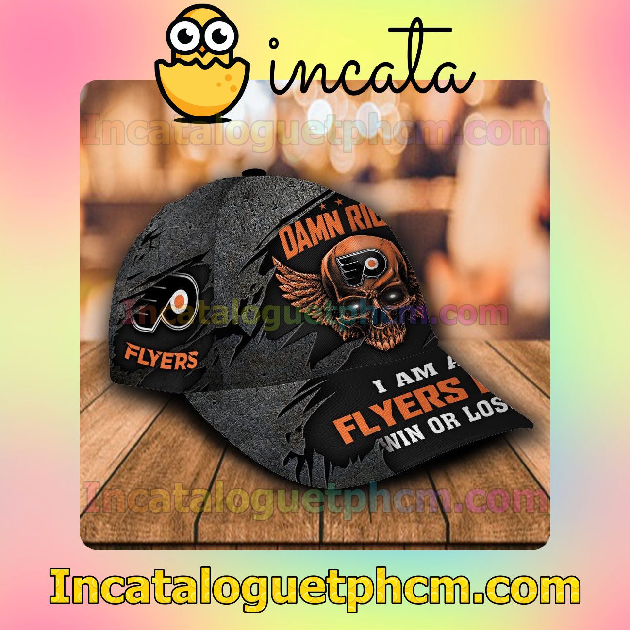 Adult Philadelphia Flyers Skull Damn Right I Am A Fan Win Or Lose NHL Customized Hat Caps