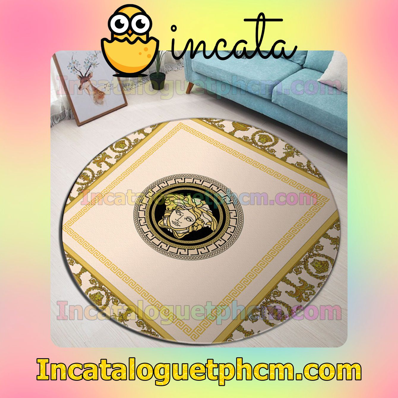 Versace Barocco With Logo Greek Key Luxury Round Carpet Rugs For Kitchen