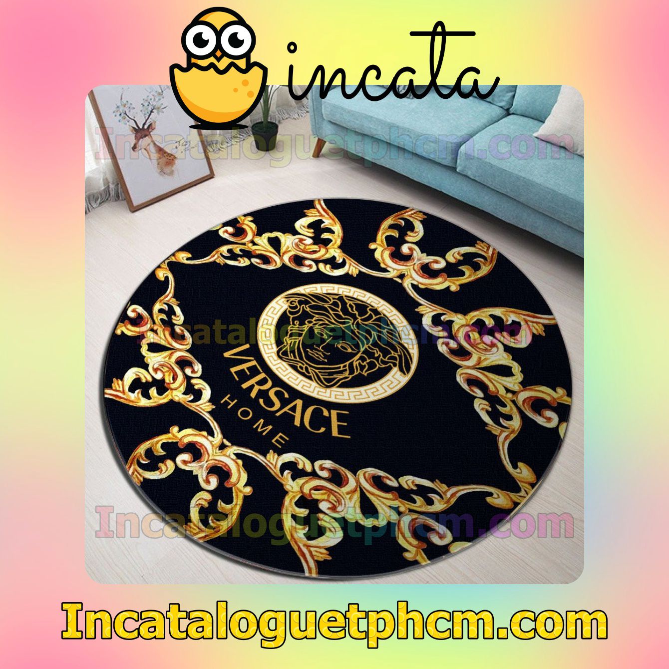 Versace Home Logo Baroque Black Round Carpet Rugs For Kitchen