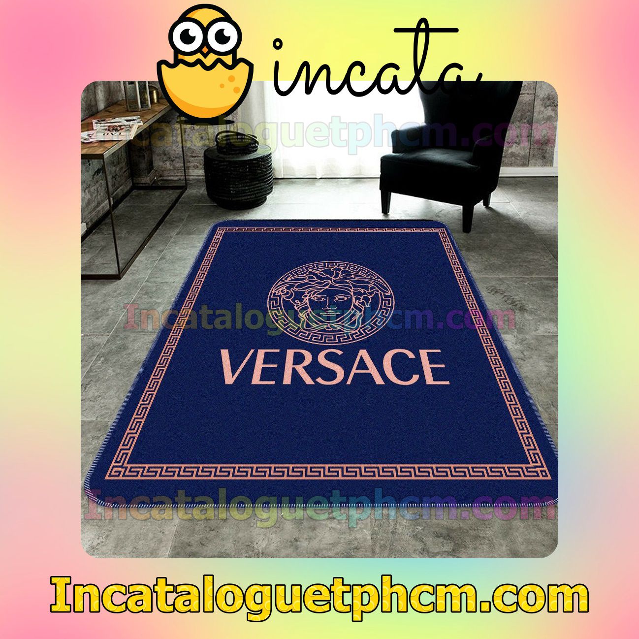 Versace Medusa Logo With Greek Key Border Blue Carpet Rugs For Kitchen