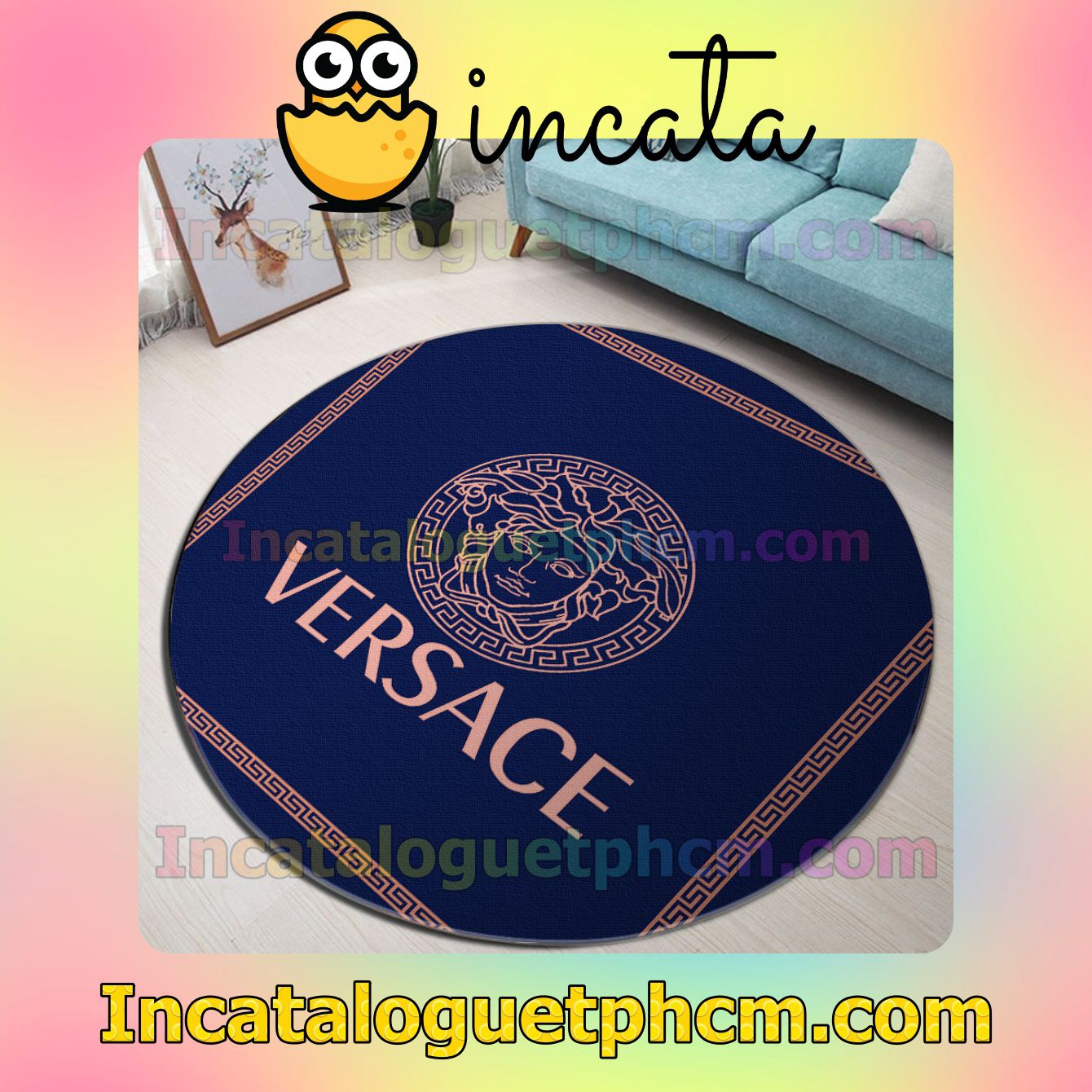 Versace Medusa Logo With Greek Key Border Blue Round Carpet Rugs For Kitchen